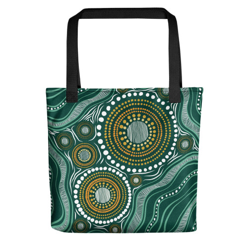 Indigenous Australian Aboriginal Tote Bag Sacred Circles Flow Through Green Spiritland Whisper