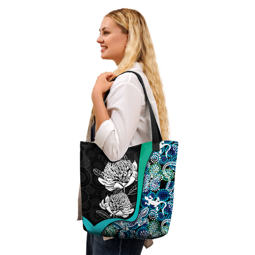 Indigenous Australian Aboriginal Tote Bag Waratah Flowers With Lizards, Stones, Sand Dot Art