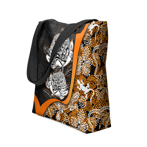 Indigenous Australian Aboriginal Tote Bag Waratah Flowers With Lizards, Stones, Sand Dot Art