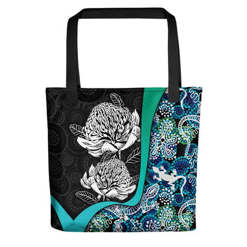 Indigenous Australian Aboriginal Tote Bag Waratah Flowers With Lizards, Stones, Sand Dot Art
