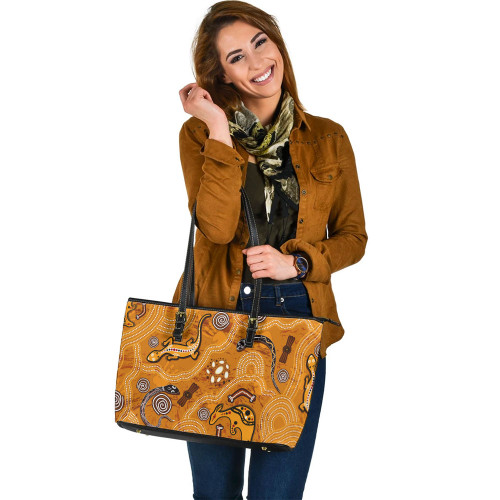 Indigenous Australian Aboriginal Leather Tote Bag Aboriginal Animal Tracks Across Desert Songlines Indigenous Australian Aboriginal Leather Tote Bag Aboriginal Animal Tracks Across Desert Songlines