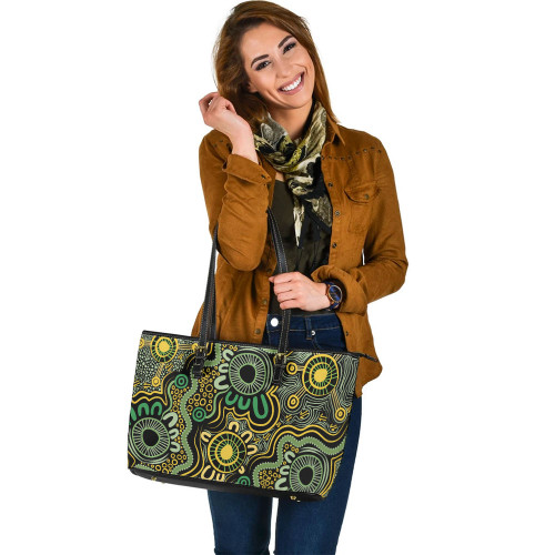 Indigenous Australian Aboriginal Leather Tote Bag Aboriginal Art Style Green Background Indigenous Australian Aboriginal Leather Tote Bag Aboriginal Art Style Green Background