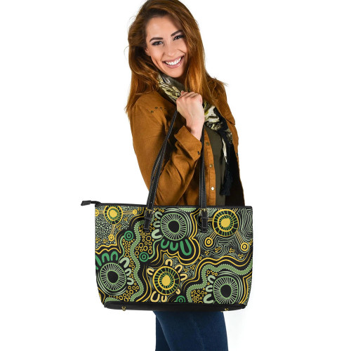 Indigenous Australian Aboriginal Leather Tote Bag Aboriginal Art Style Green Background Indigenous Australian Aboriginal Leather Tote Bag Aboriginal Art Style Green Background