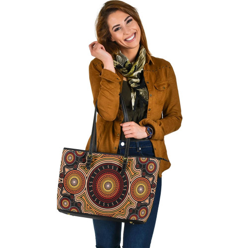 Indigenous Australian Aboriginal Leather Tote Bag Aboriginal Circle Dreaming Radiates Ancestral Power