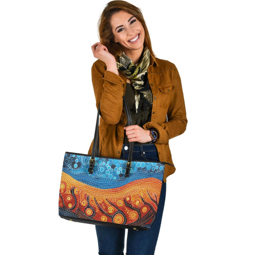 Indigenous Australian Aboriginal Leather Tote Bag Aboriginal Culture Indigenous River Dot Painting Art Inspired Indigenous Australian Aboriginal Leather Tote Bag Aboriginal Culture Indigenous River Dot Painting Art Inspired