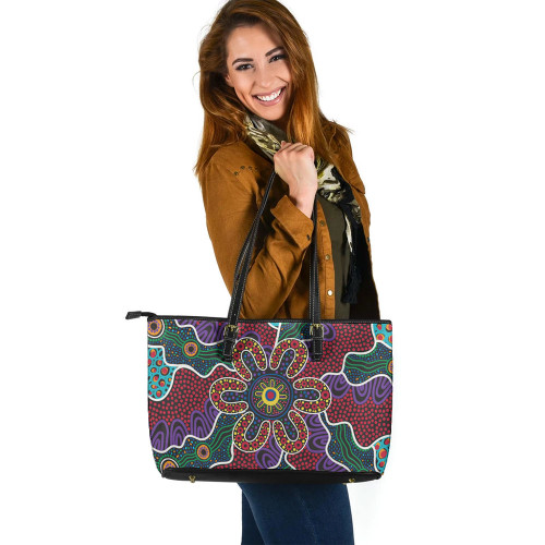 Indigenous Australian Aboriginal Leather Tote Bag Aboriginal Dot Art Color Inspired