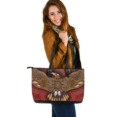 Indigenous Australian Aboriginal Leather Tote Bag Aboriginal Dot Art With Eagle Flying