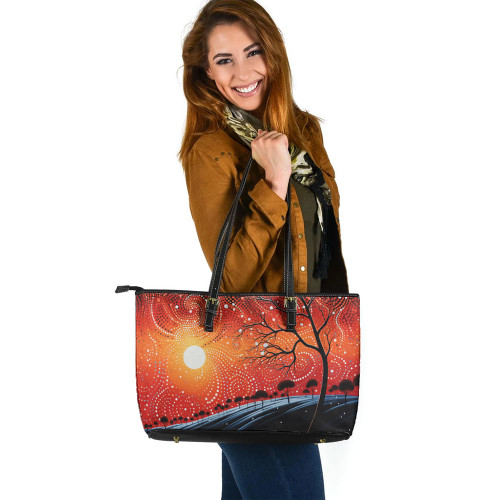 Indigenous Australian Aboriginal Leather Tote Bag Aboriginal Dot Painting Style Art Dreamtime Story