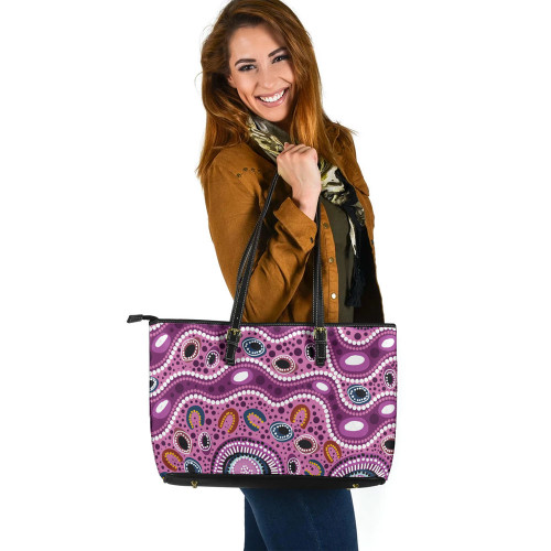 Indigenous Australian Aboriginal Leather Tote Bag Aboriginal Dreaming Trail In Violet River Flow Indigenous Australian Aboriginal Leather Tote Bag Aboriginal Dreaming Trail In Violet River Flow