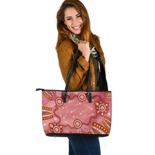 Indigenous Australian Aboriginal Leather Tote Bag Aboriginal Dusty Pink Journey Of Floral Spirits