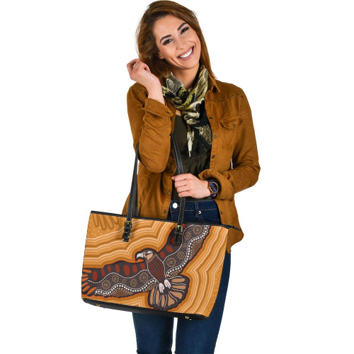Indigenous Australian Aboriginal Leather Tote Bag Aboriginal Eagles With Dot Painting Pattern