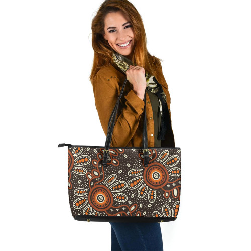 Indigenous Australian Aboriginal Leather Tote Bag Aboriginal Earth Bloom With Outback Sun Circles