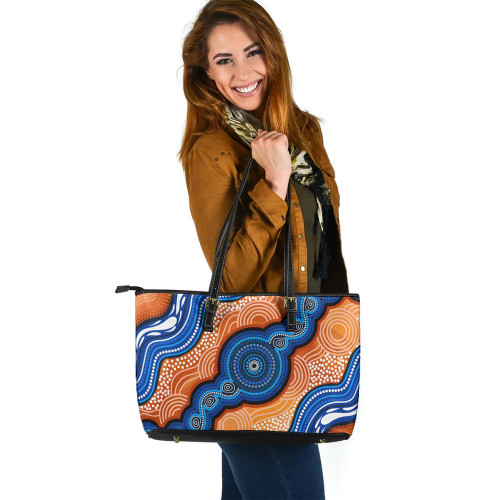 Indigenous Australian Aboriginal Leather Tote Bag Aboriginal Flow Of Rivers And Sunset Dreaming