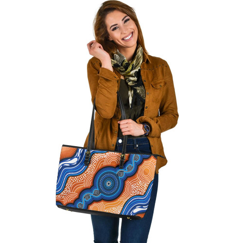 Indigenous Australian Aboriginal Leather Tote Bag Aboriginal Flow Of Rivers And Sunset Dreaming