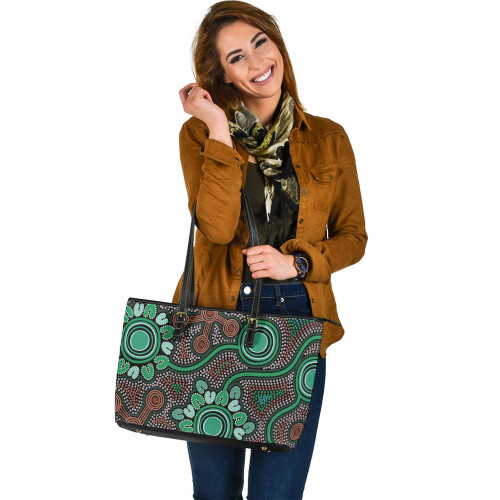 Indigenous Australian Aboriginal Leather Tote Bag Aboriginal Green Dot Art Inspired