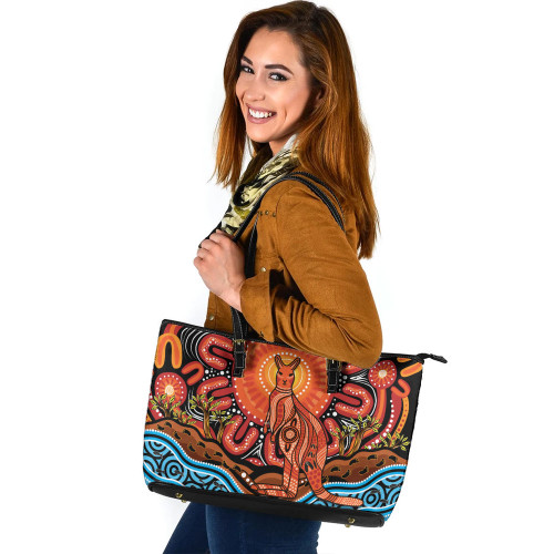 Indigenous Australian Aboriginal Leather Tote Bag Aboriginal Inspired Kangaroo Dreaming Dot Painting Pattern