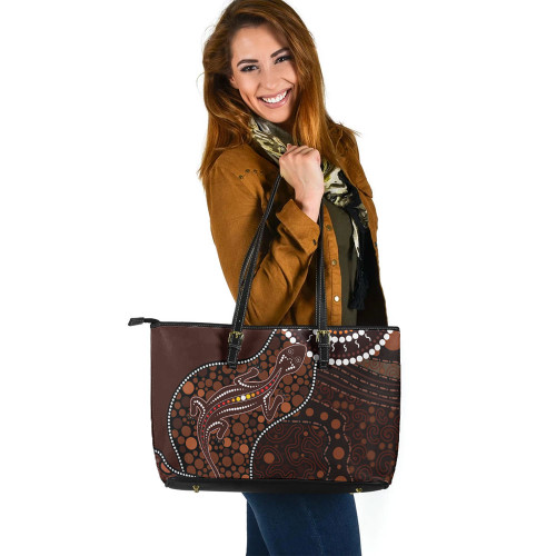 Indigenous Australian Aboriginal Leather Tote Bag Aboriginal Inspired Lizard With Dot Painting Pattern