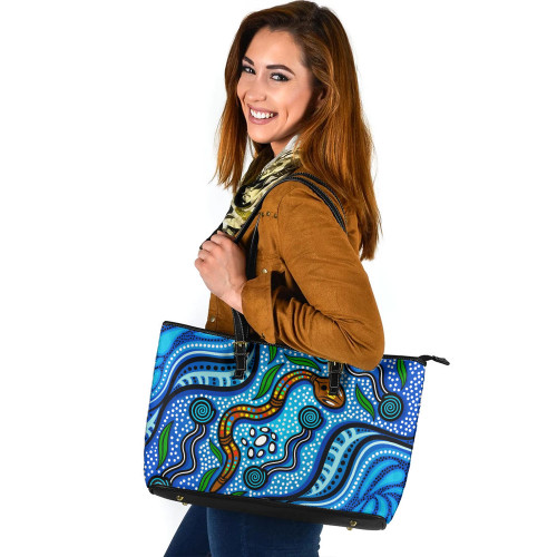 Indigenous Australian Aboriginal Leather Tote Bag Aboriginal Ocean Dreaming Pathways In Blue Flow