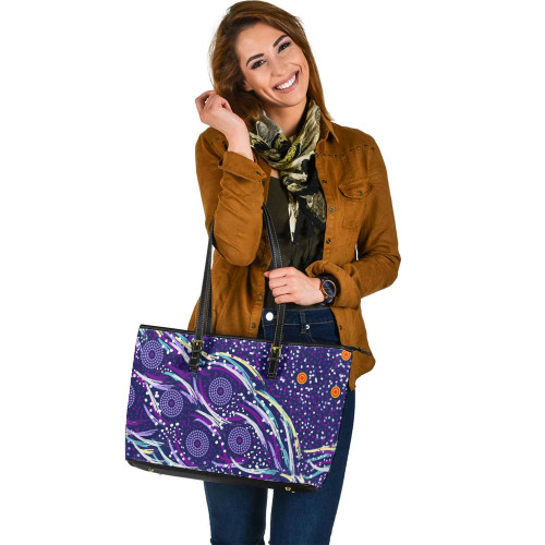 Indigenous Australian Aboriginal Leather Tote Bag Aboriginal Purple Dot Dreamtime