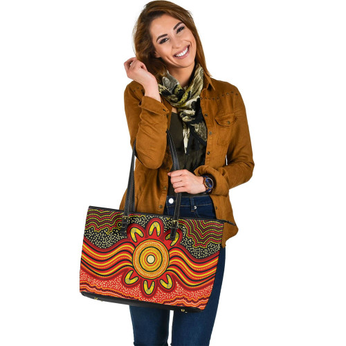 Indigenous Australian Aboriginal Leather Tote Bag Aboriginal Radiant Sun Dreaming In Red Sands Indigenous Australian Aboriginal Leather Tote Bag Aboriginal Radiant Sun Dreaming In Red Sands