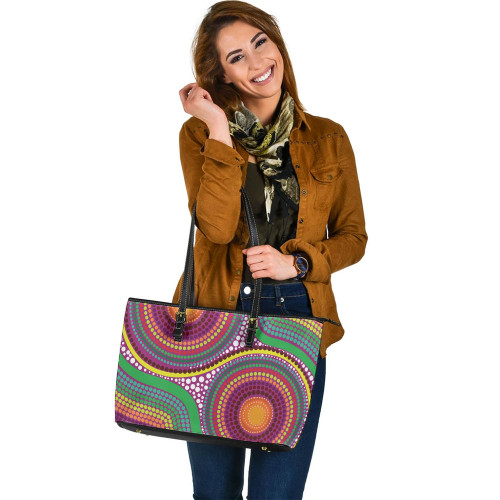 Indigenous Australian Aboriginal Leather Tote Bag Aboriginal Rainbow Dot Inspired
