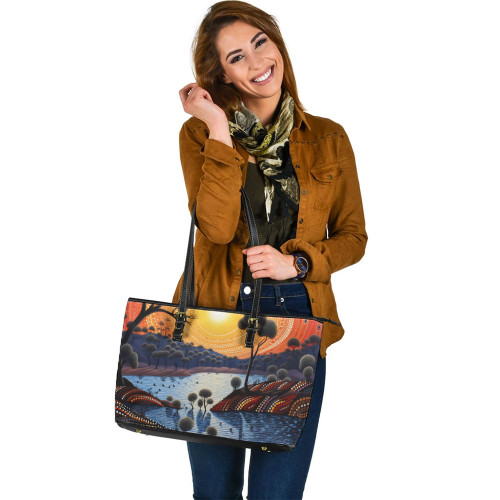 Indigenous Australian Aboriginal Leather Tote Bag Aboriginal River In Circle and Dot Painting