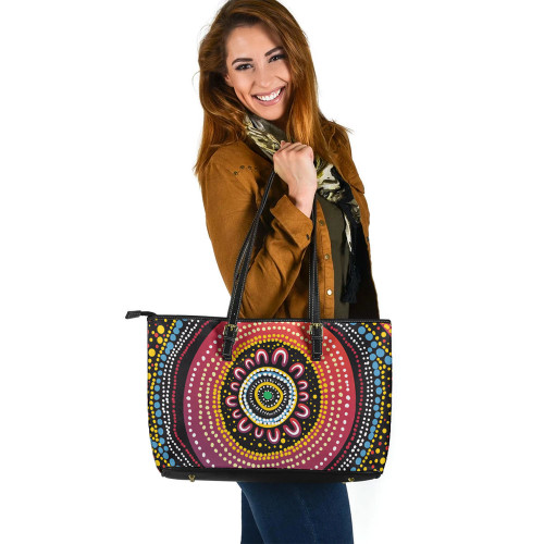 Indigenous Australian Aboriginal Leather Tote Bag Aboriginal Showcasing Dot Art Design