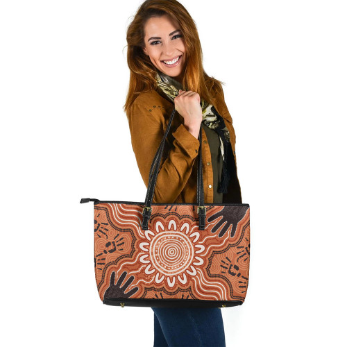 Indigenous Australian Aboriginal Leather Tote Bag Aboriginal Sunburst Dreaming Path