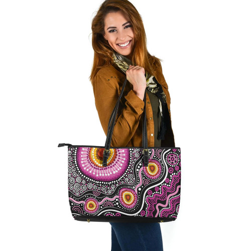 Indigenous Australian Aboriginal Leather Tote Bag Aboriginal Sunrise Energy With Pink Sacred Dots