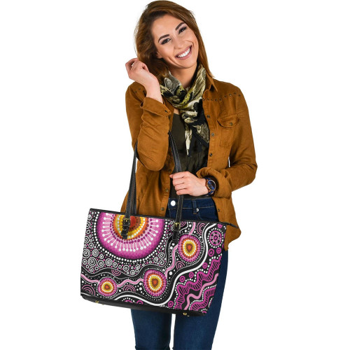 Indigenous Australian Aboriginal Leather Tote Bag Aboriginal Sunrise Energy With Pink Sacred Dots