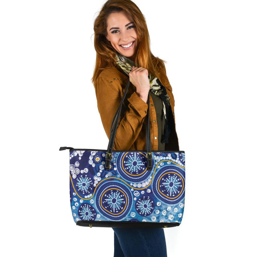 Indigenous Australian Aboriginal Leather Tote Bag Blue Background With Traditional Aboriginal Dot Decoration
