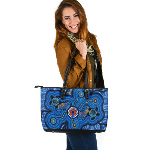 Indigenous Australian Aboriginal Leather Tote Bag Celestial Blue Journey Through Ancestral Echoes Indigenous Australian Aboriginal Leather Tote Bag Celestial Blue Journey Through Ancestral Echoes