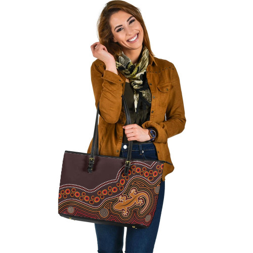 Indigenous Australian Aboriginal Leather Tote Bag Desert Spirit Tracks And Lizard Dreaming Path Indigenous Australian Aboriginal Leather Tote Bag Desert Spirit Tracks And Lizard Dreaming Path