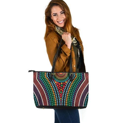 Indigenous Australian Aboriginal Leather Tote Bag Dot Color In The Aboriginal Style