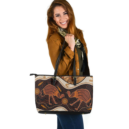 Indigenous Australian Aboriginal Leather Tote Bag Emu Aboriginal Painting Indigenous Australian Aboriginal Leather Tote Bag Emu Aboriginal Painting