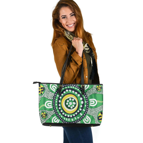 Indigenous Australian Aboriginal Leather Tote Bag Green Aboriginal Inspired Dot Art