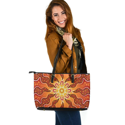Indigenous Australian Aboriginal Leather Tote Bag Radiant Sun Spirit Flowing With Dreamtime Light