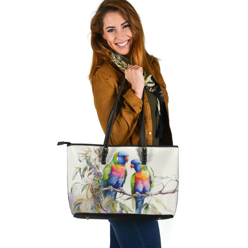 Indigenous Australian Aboriginal Leather Tote Bag Rainbow Lorikeets Birds Art