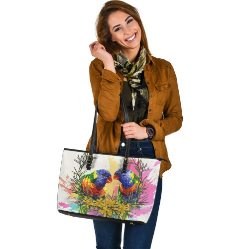 Indigenous Australian Aboriginal Leather Tote Bag Rainbow Lorikeets With Grevillea Flowers Indigenous Australian Aboriginal Leather Tote Bag Rainbow Lorikeets With Grevillea Flowers