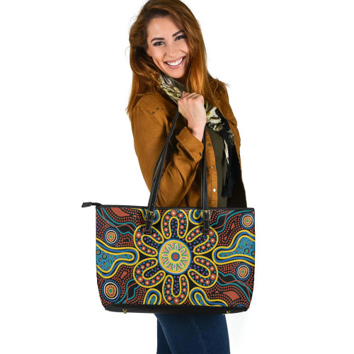 Indigenous Australian Aboriginal Leather Tote Bag Rainbow Spirit Flower Dreaming Indigenous Australian Aboriginal Leather Tote Bag Rainbow Spirit Flower Dreaming