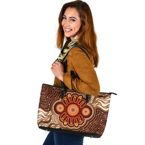 Indigenous Australian Aboriginal Leather Tote Bag Red Ochre Rivers Flow through Dreamtime Echoes