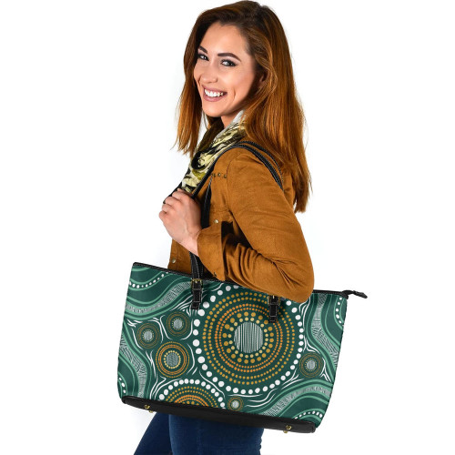 Indigenous Australian Aboriginal Leather Tote Bag Sacred Circles Flow Through Green Spiritland Whisper