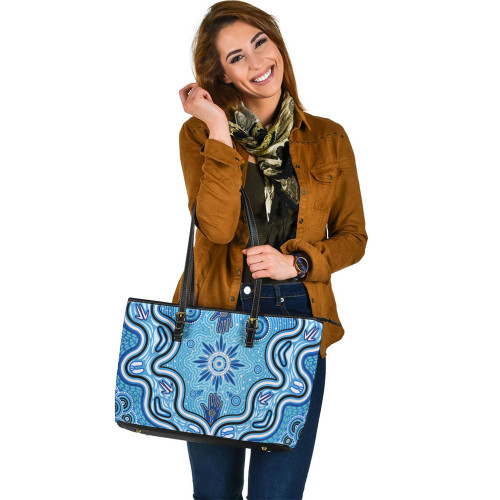 Indigenous Australian Aboriginal Leather Tote Bag Sacred Waters Flow Through Healing Hands Spirit