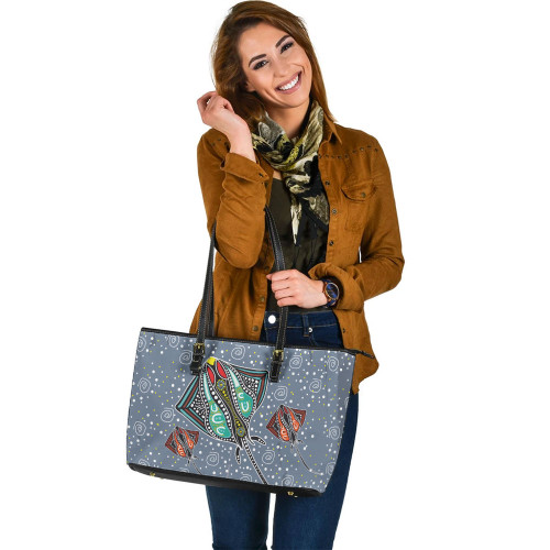 Indigenous Australian Aboriginal Leather Tote Bag Stingray Art In Aboriginal Dot Style Inspired