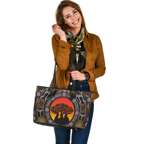 Indigenous Australian Aboriginal Leather Tote Bag Sunset Blessings Beneath The Sacred Ancestor Trees