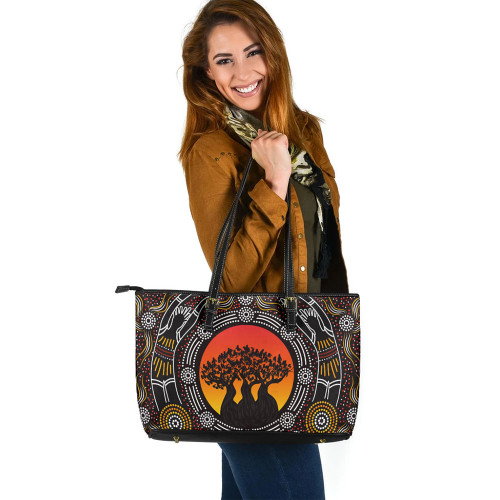 Indigenous Australian Aboriginal Leather Tote Bag Sunset Blessings Beneath The Sacred Ancestor Trees