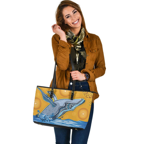 Indigenous Australian Aboriginal Leather Tote Bag Whale Song Spirit Journey Through Dreaming Sea