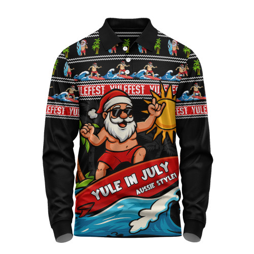 Australia Long Sleeve Polo Shirt Santa's Yule Wave Ride