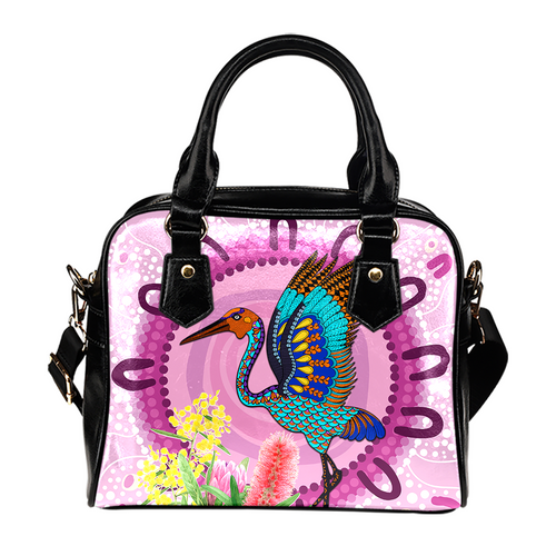 Indigenous Australian Aboriginal Shoulder Handbag Brolga Bird Dancing With Australia Native Flowers