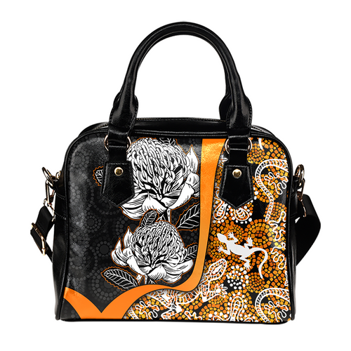 Indigenous Australian Aboriginal Shoulder Handbag Waratah Flowers With Lizards, Stones, Sand Dot Art